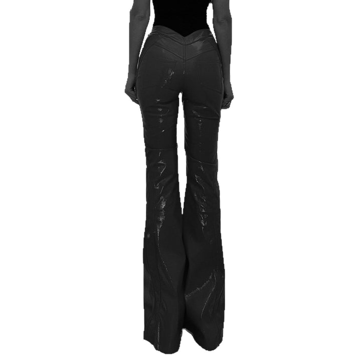 Women's high-gloss patent pants with a high waist, form-fitting thigh cut, and wide flare Mune Fashion
