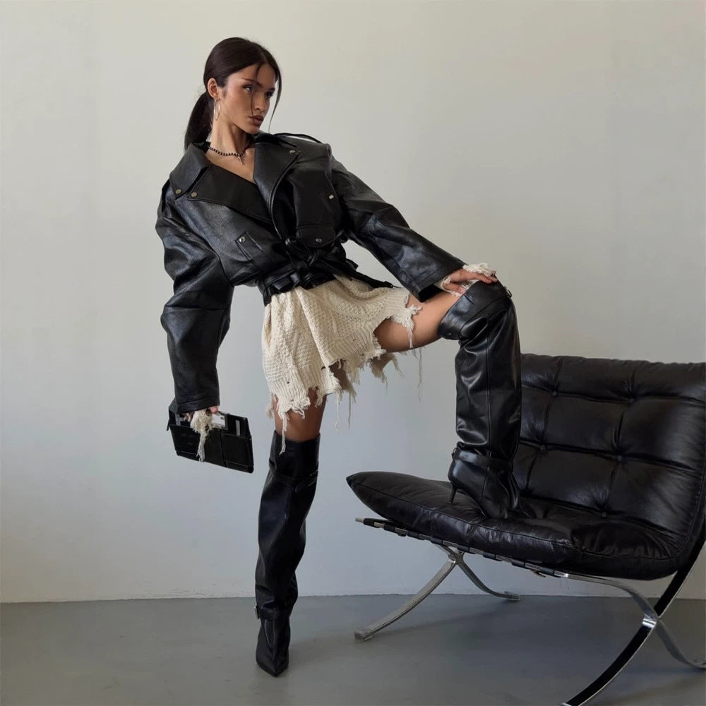 Women's Oversized Biker Jacket made of vegan leather imitation with waist belt & epaulettes Mune Fashion