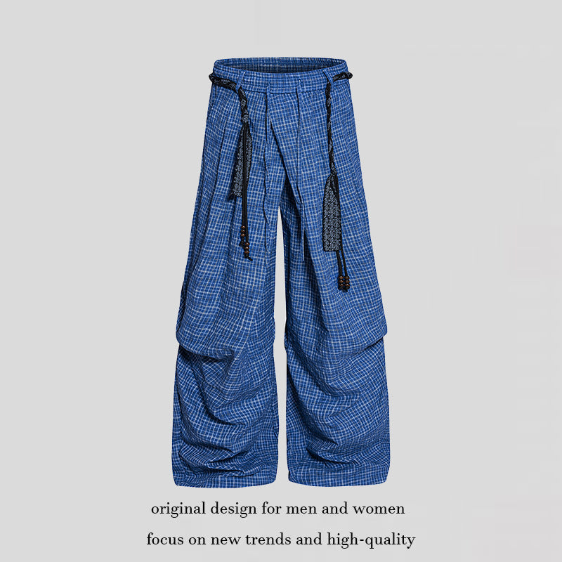 Women's wide palazzo pants with layered pleats, high waistband, and decorative cord belt Mune Fashion