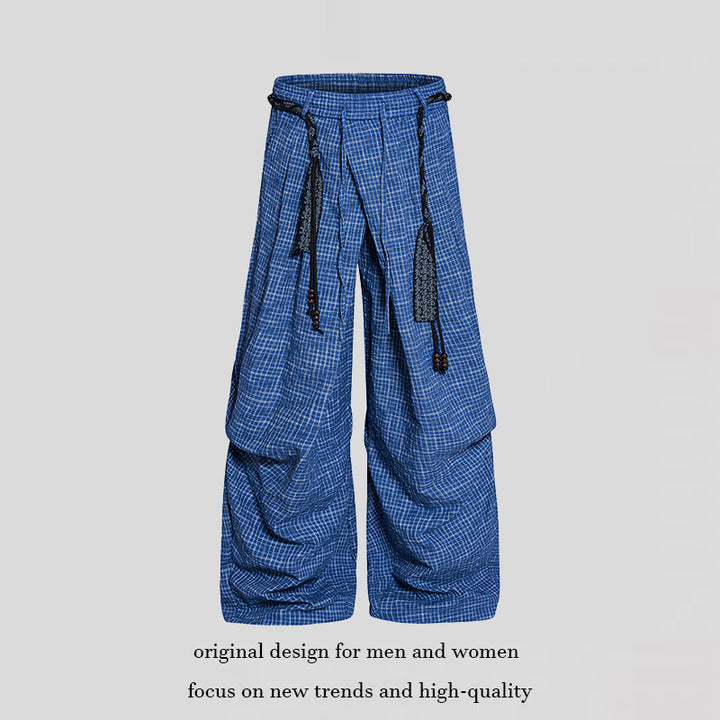 Women's wide palazzo pants with layered pleats, high waistband, and decorative cord belt Mune Fashion