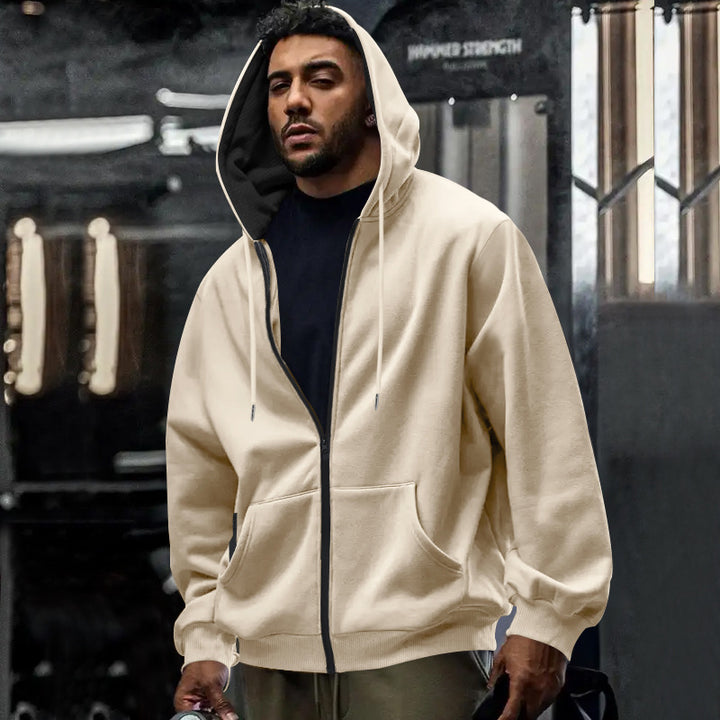 Men's oversized zip-up hoodie with kangaroo pockets and contrasting inner lining Mune Fashion