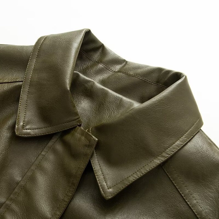Women's Oversize Faux Leather Blouson with Elastic Hem, Slanted Zipper Chest Pocket and Zipper Sleeves Mune Fashion