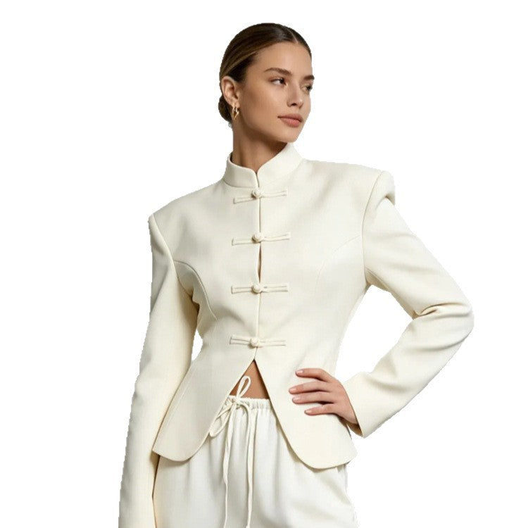 Women's Sculpted Blazer with Stand Collar, Decorative Knot Closures and Tailored Silhouette Mune Fashion