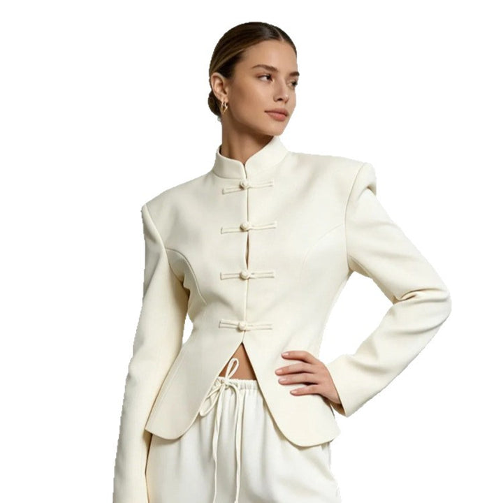 Women's Sculpted Blazer with Stand Collar, Decorative Knot Closures and Tailored Silhouette Mune Fashion