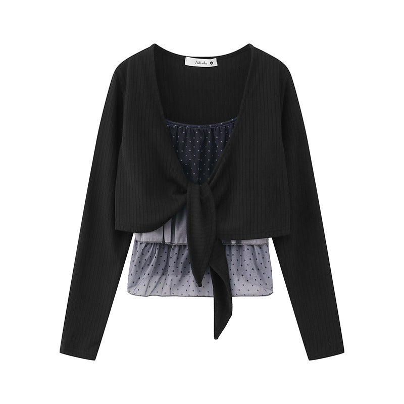 Women's Two-Piece Long Sleeve Top with Knot Front and Delicate Chiffon Under Top Mune Fashion