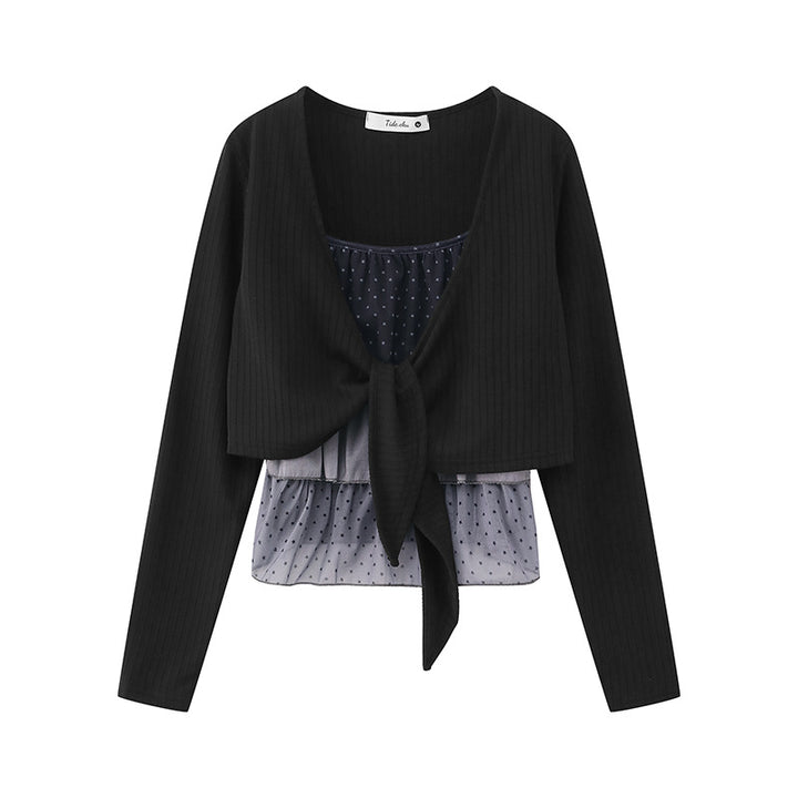 Women's Two-Piece Long Sleeve Top with Knot Front and Delicate Chiffon Under Top Mune Fashion