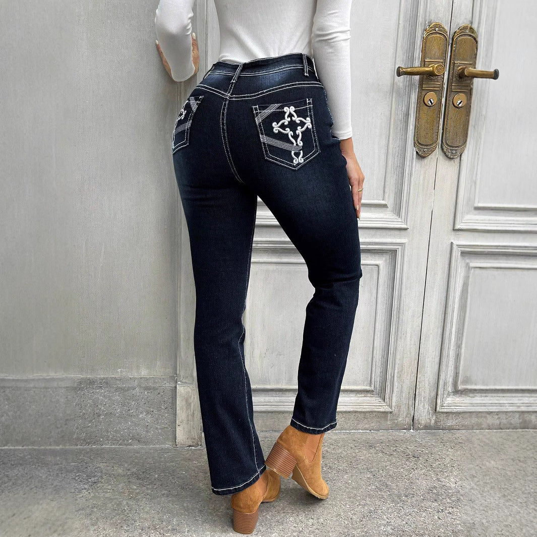 Women High-waisted slim fit Straight Jeans with contrast seams and slight flare Mune Fashion