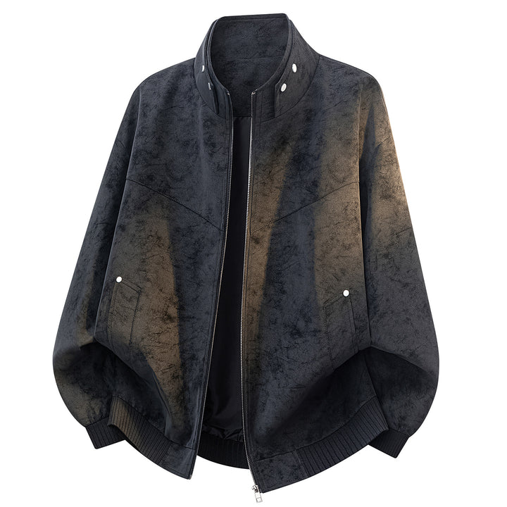 Unisex Oversize Suede-look Bomber Jacket with Stand-up Collar, Concealed Zipper & Side Pockets Mune Fashion