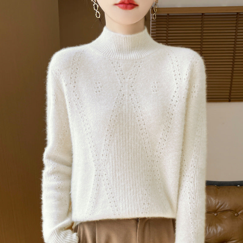 Women's Light Mockneck Fine Knit Sweater with Openwork Chevron and Cashmere Soft Finish Mune Fashion
