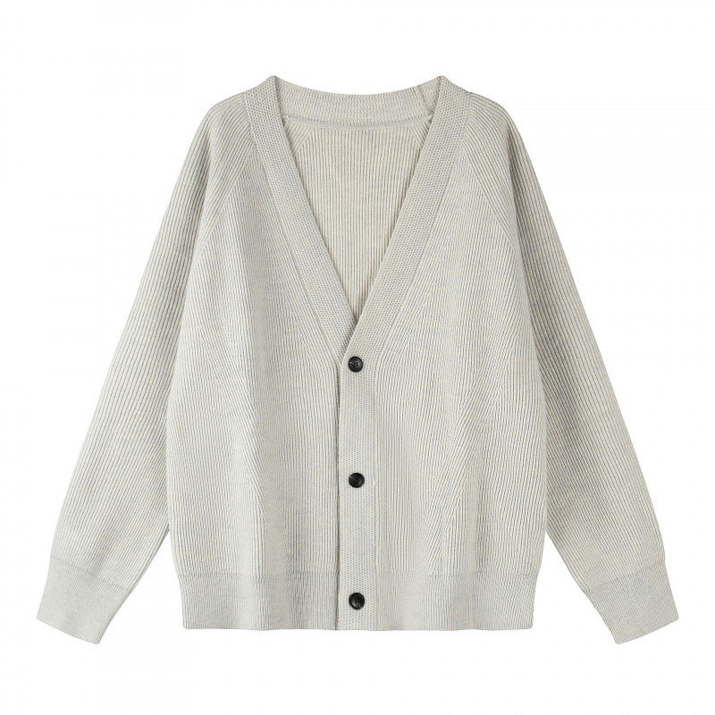 Unisex Boxy-Bulky-Knit-Cardigan with V-Neck, Button Placket and Raglan Sleeves Mune Fashion