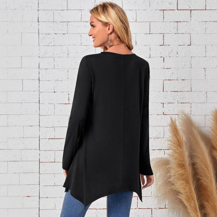 Women's Long A-Line Tunic Top with Round Neck and Asymmetrical Hem Drune