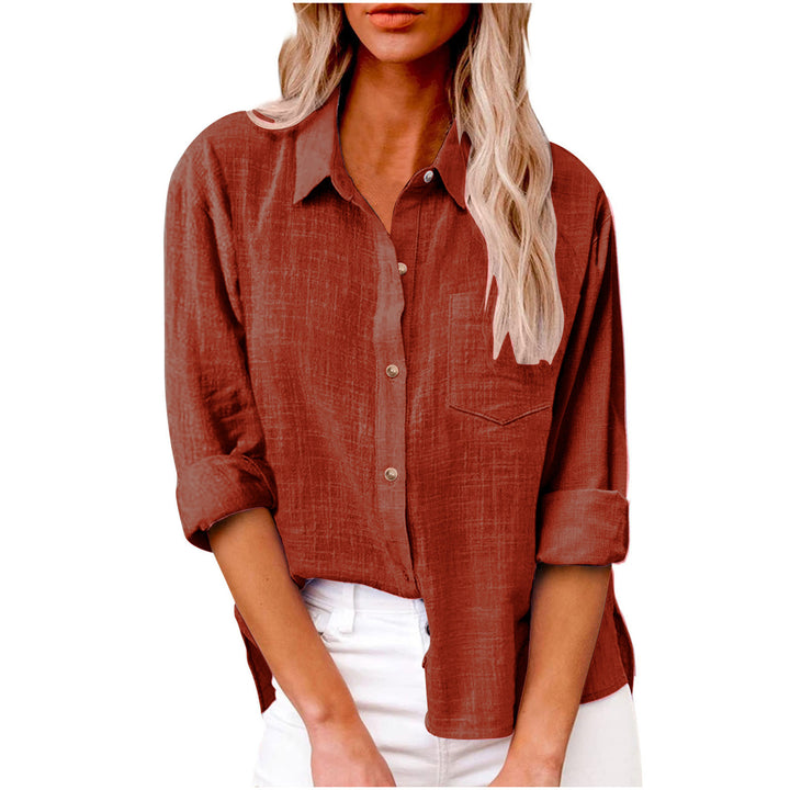 Women's oversized linen-cotton blend shirt blouse with breast pocket and roll-up sleeves Mune Fashion