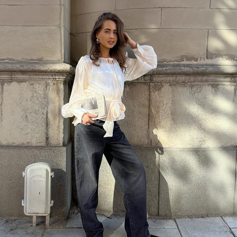 Women Elegant Wrap Blouse with Tie Belt and Voluminous Balloon Sleeves Mune Fashion