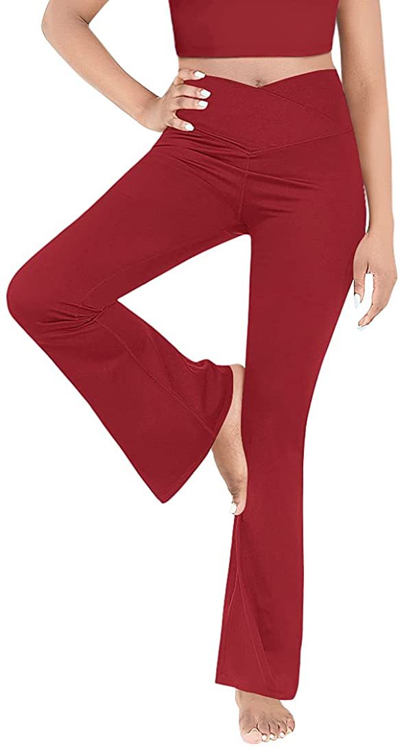 Women's mid-rise yoga pants with crossover waistband and flared hem with slit Mune Fashion