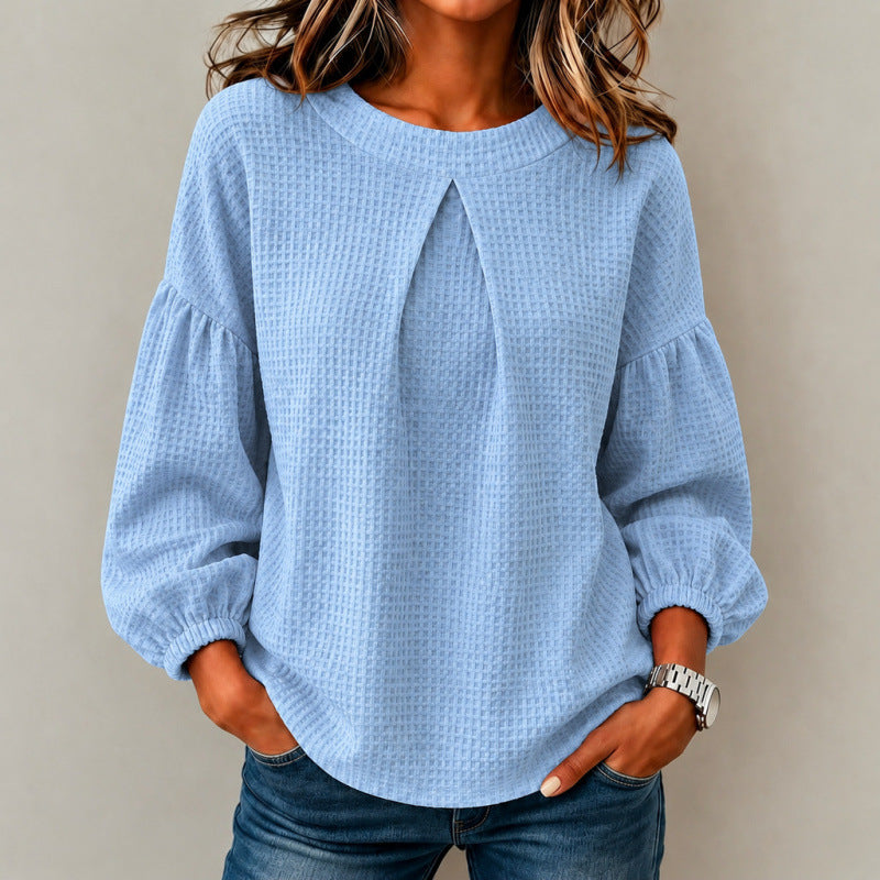 Women's Loose Waffle Knit Sweatshirt with Front Pleat and Balloon Sleeves Mune Fashion