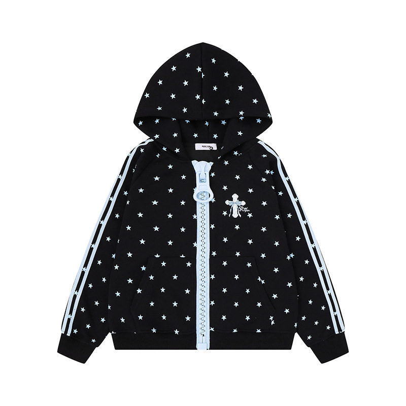 Women's hoodie sweatshirt with star all-over print, wide contrast zipper and side stripes Mune Fashion