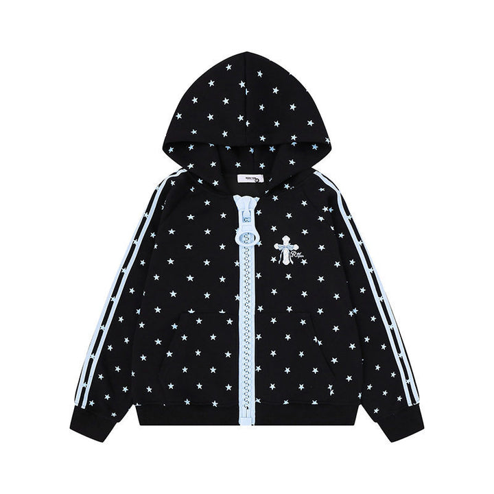 Women's hoodie sweatshirt with star all-over print, wide contrast zipper and side stripes Mune Fashion