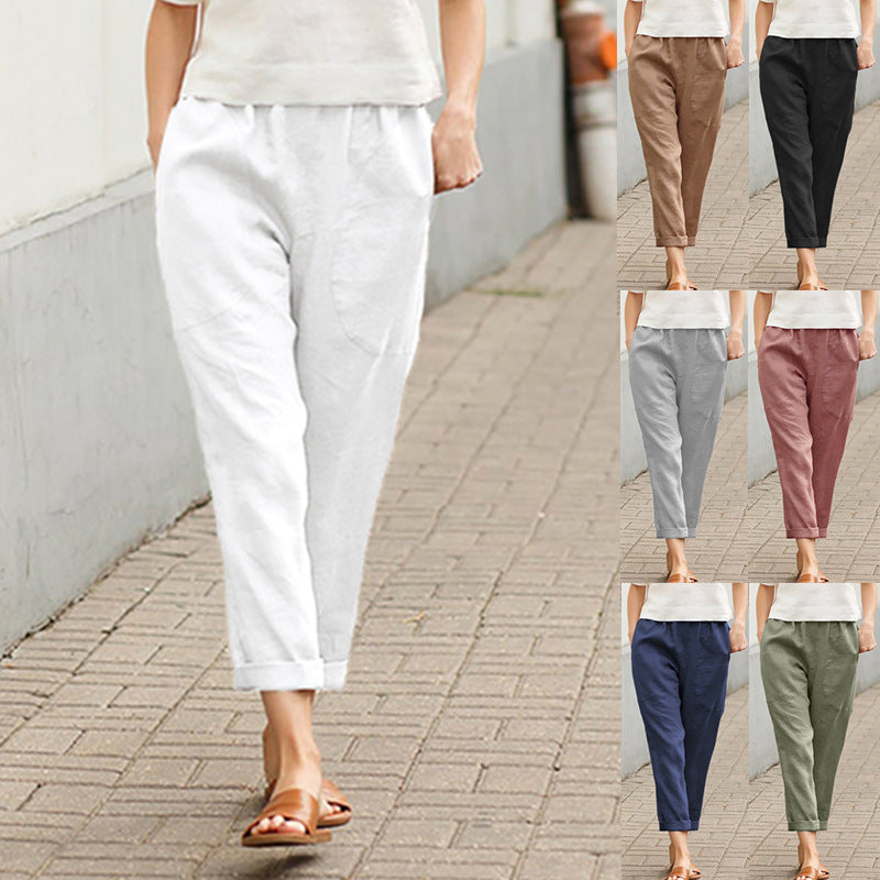 Women's lightweight linen-cotton pants with elastic waistband, patch pockets, and tapered fit Mune Fashion