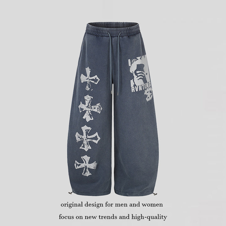 Women's Extra Wide Palazzo Sweatpants with Drawstring Waist, Adjustable Hem, and Gothic Print Mune Fashion