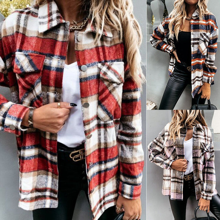 Women Oversized Check Shirt Jacket with Snap Buttons and Patch Chest Pockets Mune Fashion