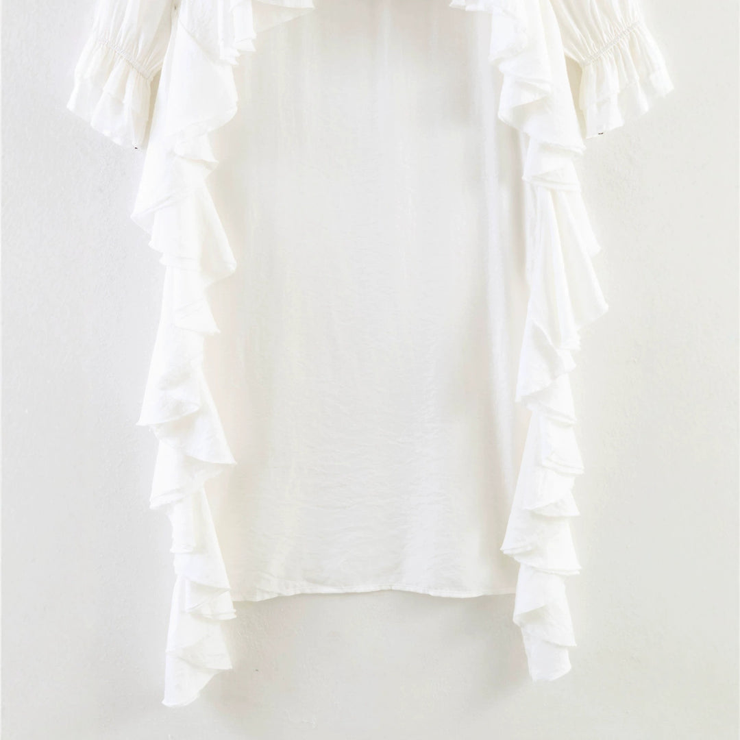 Women's maxi dress with asymmetric ruffle trim, V-neck and long ruffle sleeves Mune Fashion