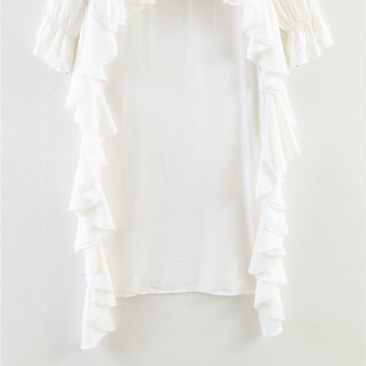 Women's maxi dress with asymmetric ruffle trim, V-neck and long ruffle sleeves Mune Fashion
