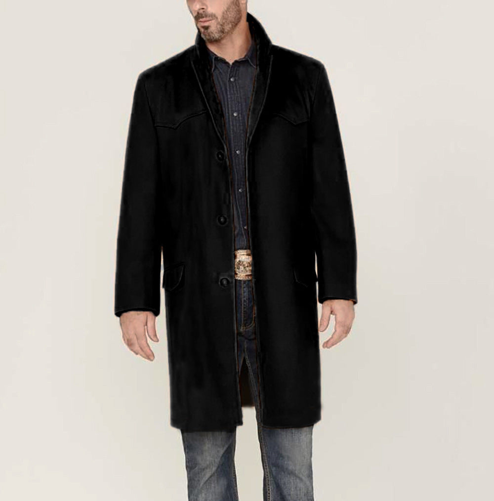 Men's coat made of wool blend in Western style with stand-up collar and flap pockets Mune Fashion