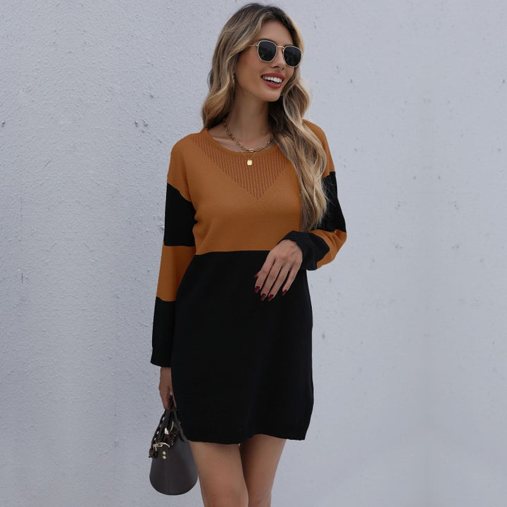 Women's Oversize Knit Mini Dress with Colorblock Insert and Ribbed Hem Mune Fashion