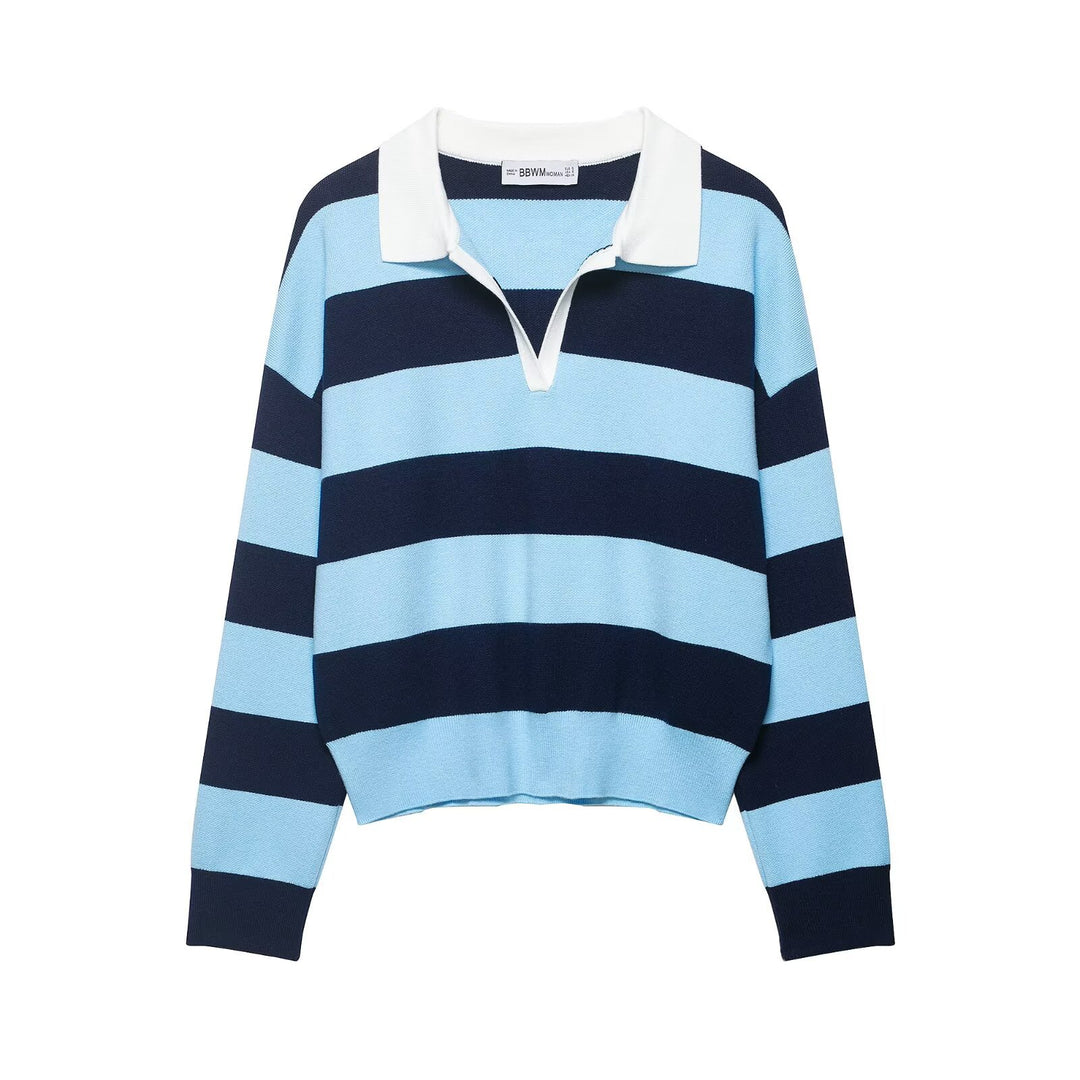Women Striped Rugby Polo Sweater with V-Notch and Cropped Hem Mune Fashion