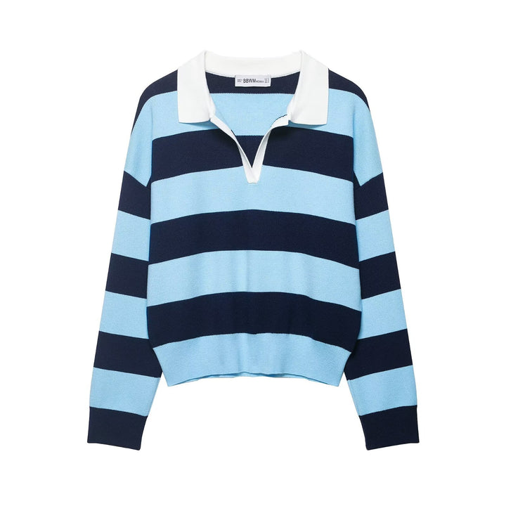 Women Striped Rugby Polo Sweater with V-Notch and Cropped Hem Mune Fashion