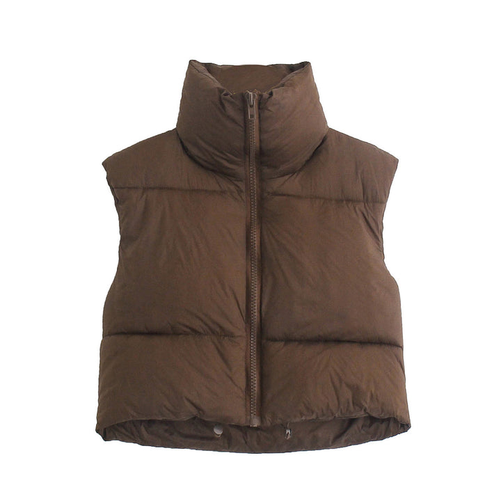 Women short quilted vest with high stand-up collar, lightweight puffer look and adjustable hem Mune Fashion