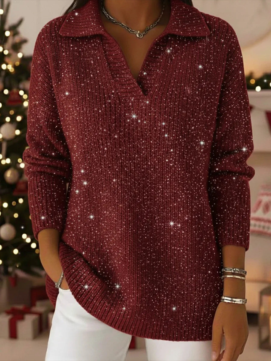 Women Elegant V-Pullover with Shiny Accents