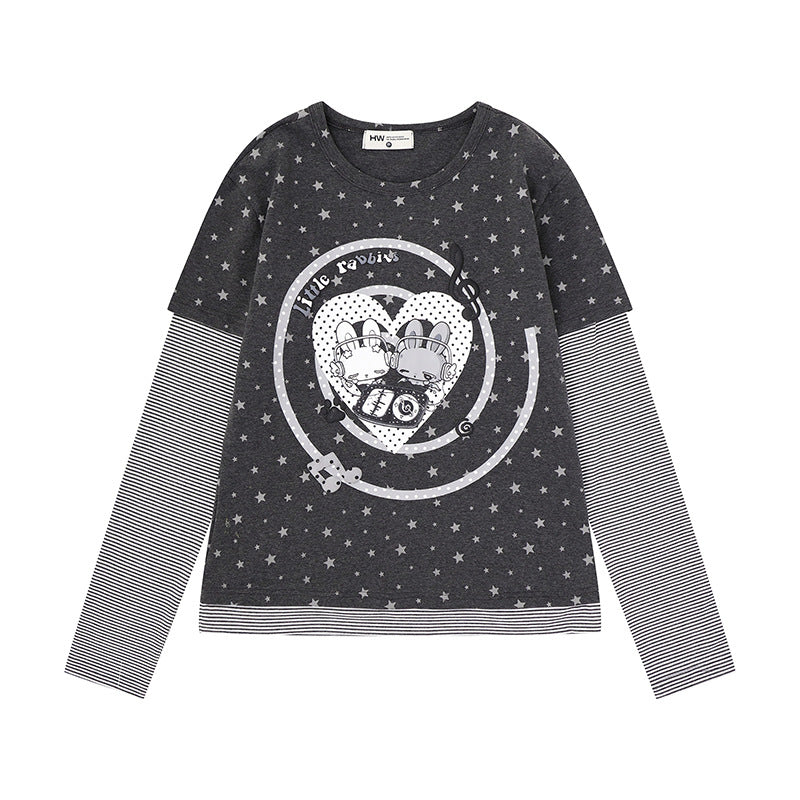Women's Layered Long Sleeve Shirt with Allover Stars, Striped Insert Sleeves and Comic Bunny Front Print Mune Fashion