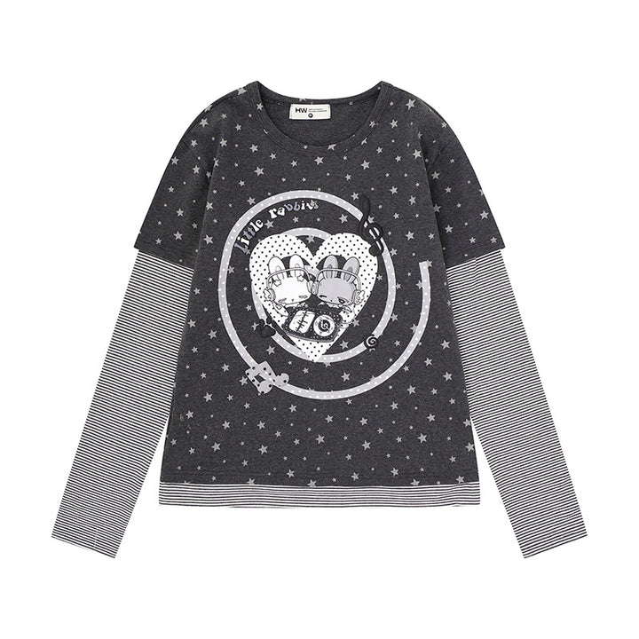Women's Layered Long Sleeve Shirt with Allover Stars, Striped Insert Sleeves and Comic Bunny Front Print Mune Fashion