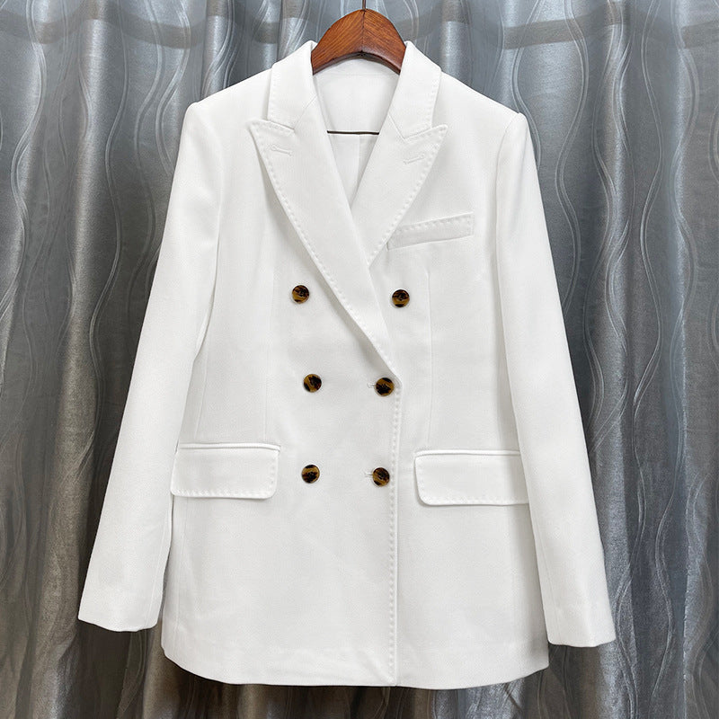 Women's Double-breasted tailored wool blazer with texture and reinforced shoulders Mune Fashion