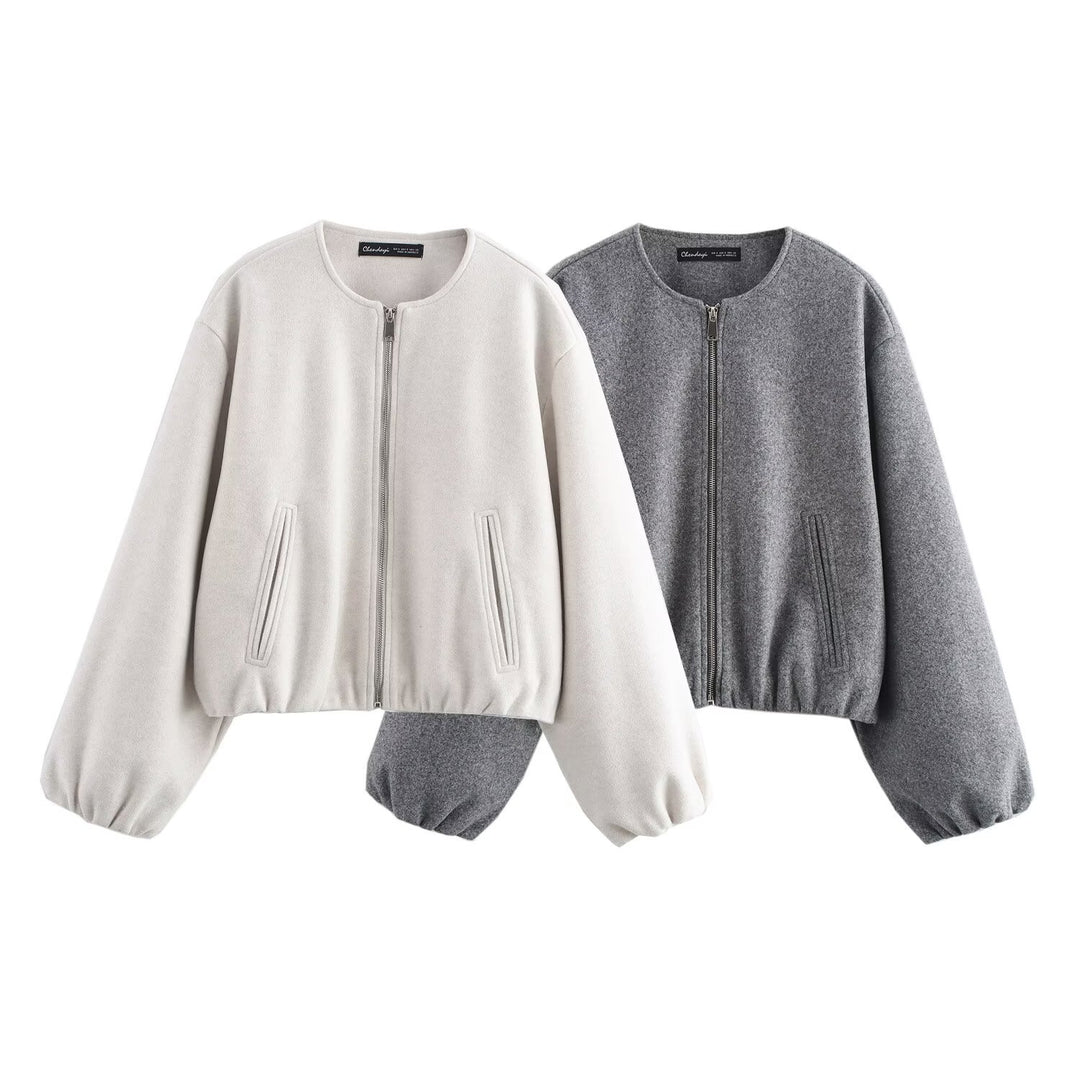 Ladies short-cut suede-look bomber jacket with round neck and balloon sleeves Mune Fashion