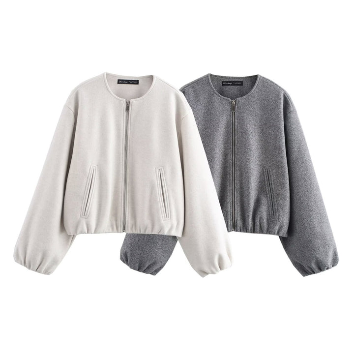 Ladies short-cut suede-look bomber jacket with round neck and balloon sleeves Mune Fashion