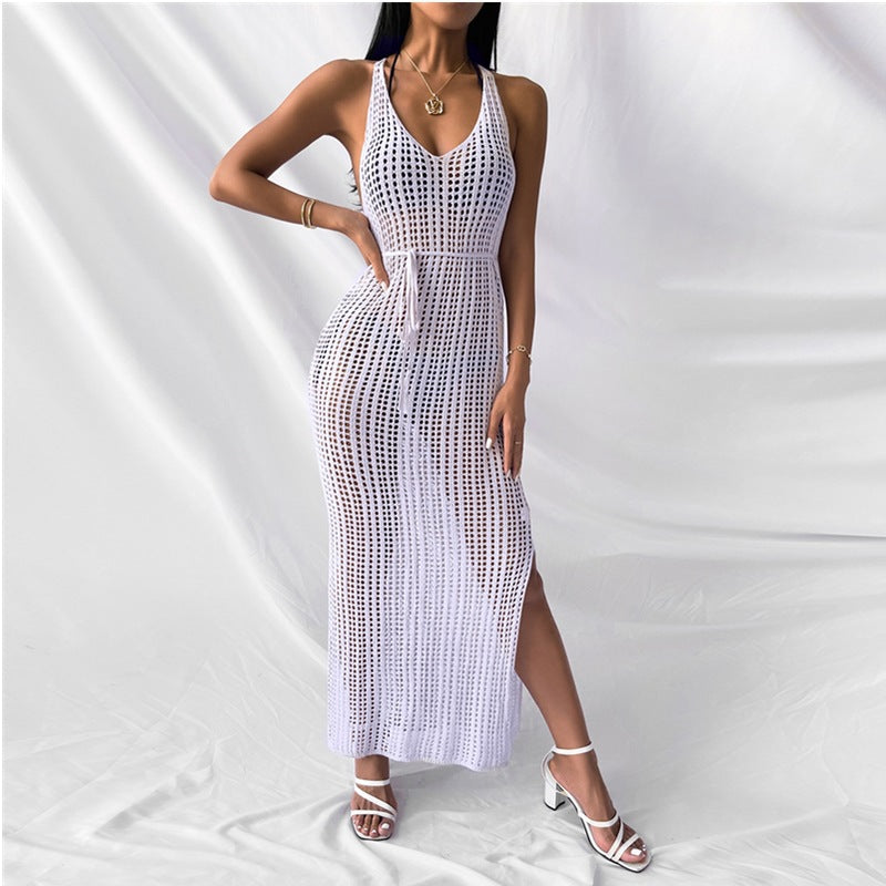Women's crocheted maxi dress with deep V-neckline and side slit Mune Fashion