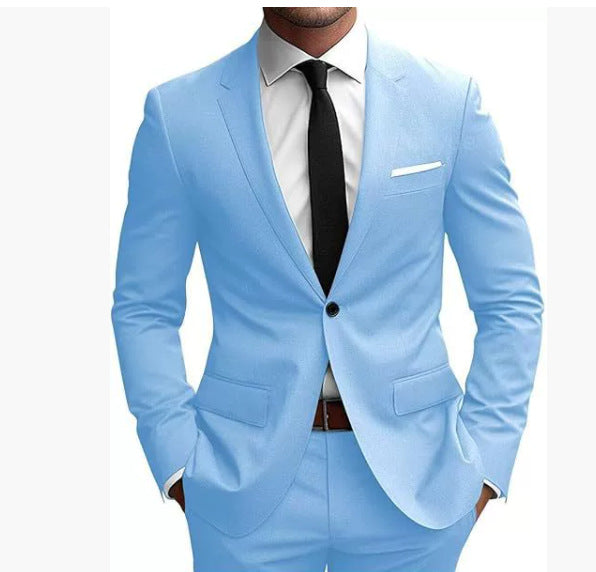 Men's fitted one-button suit set with notched lapels, French flap pockets, and slight stretch content Mune Fashion