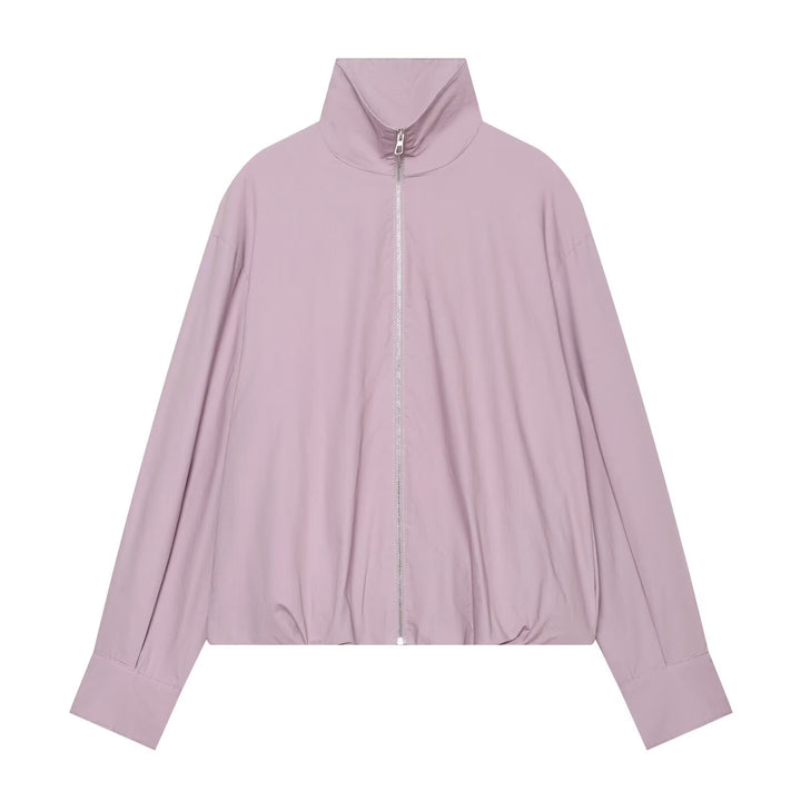 Women Light Cropped Blouson with High Stand Collar and Elastic Hem