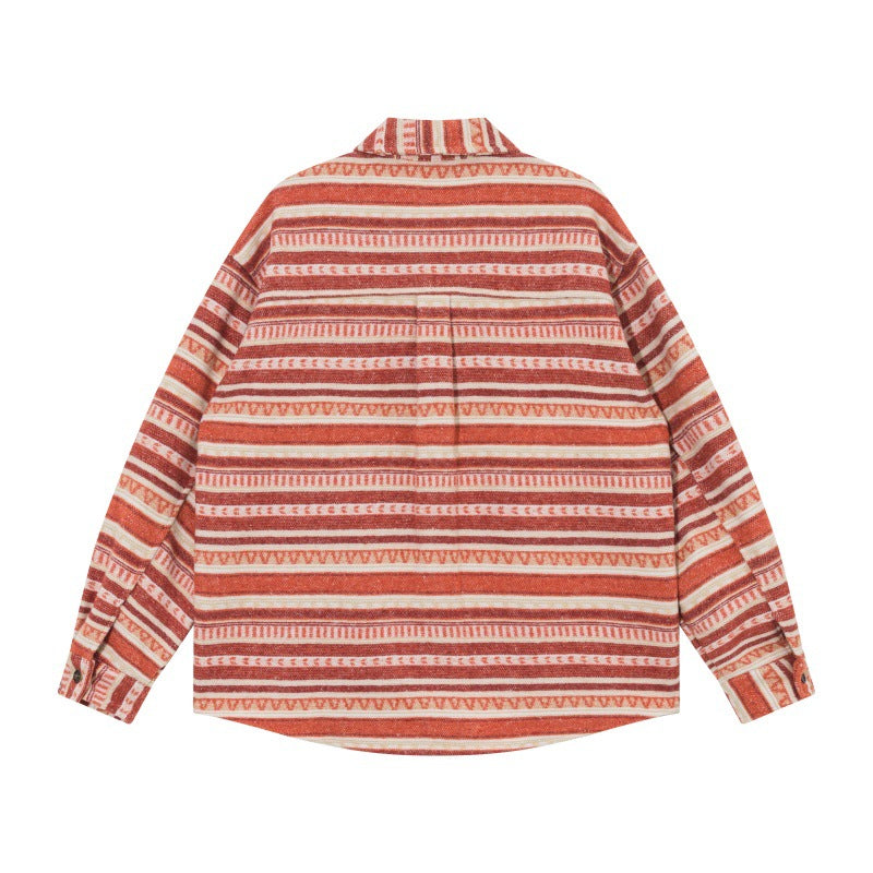Unisex Oversize Knit Shirt Jacket in Ethnic Stripe Pattern with Flap Pockets Mune Fashion