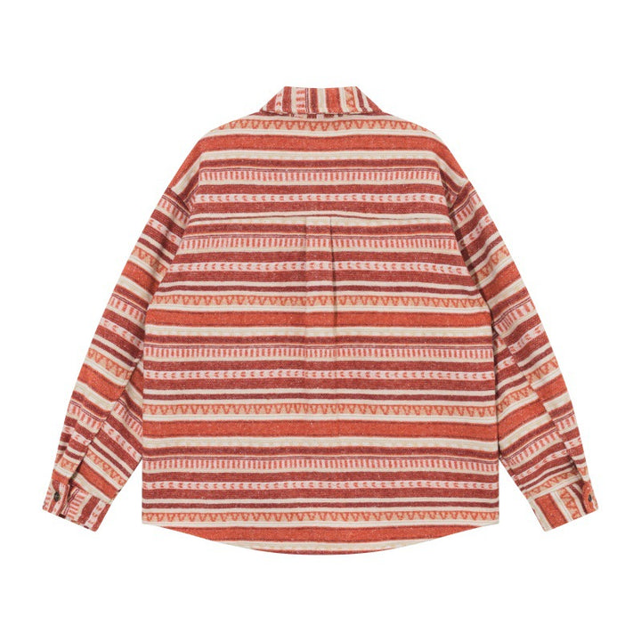 Unisex Oversize Knit Shirt Jacket in Ethnic Stripe Pattern with Flap Pockets Mune Fashion