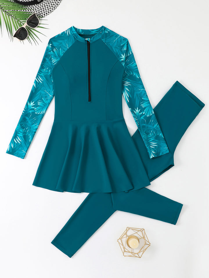 Women's Sporty Long Sleeve Swimsuit with Skirt Mune Fashion