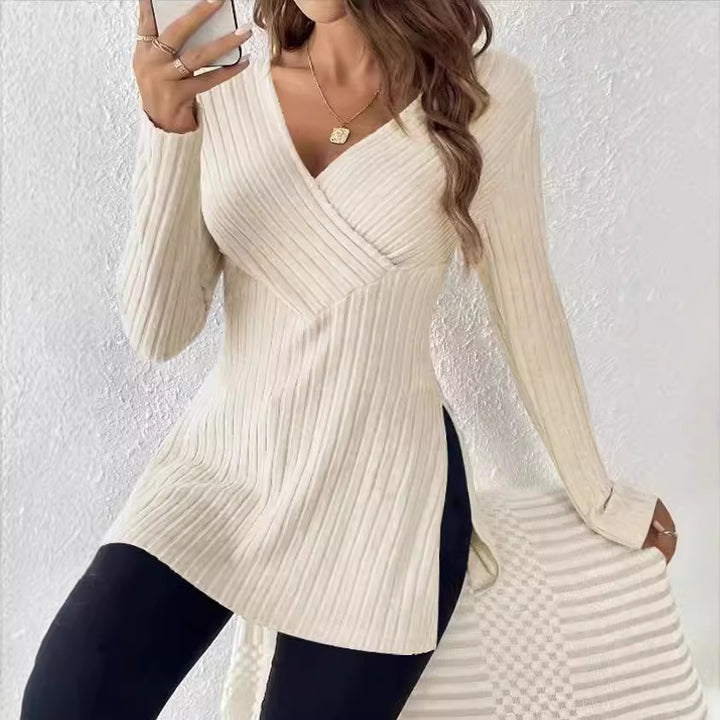 Women's Fitted Rib Knit Tunic with Wrap V-Neck and Side Slits Mune Fashion