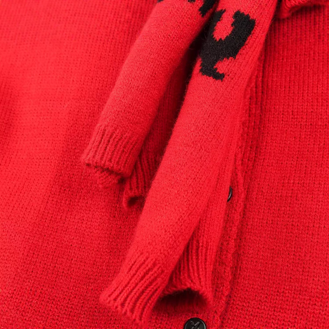 Women's Knitted Short Jacket with Integrated Scarf and Dog Intarsia Mune Fashion