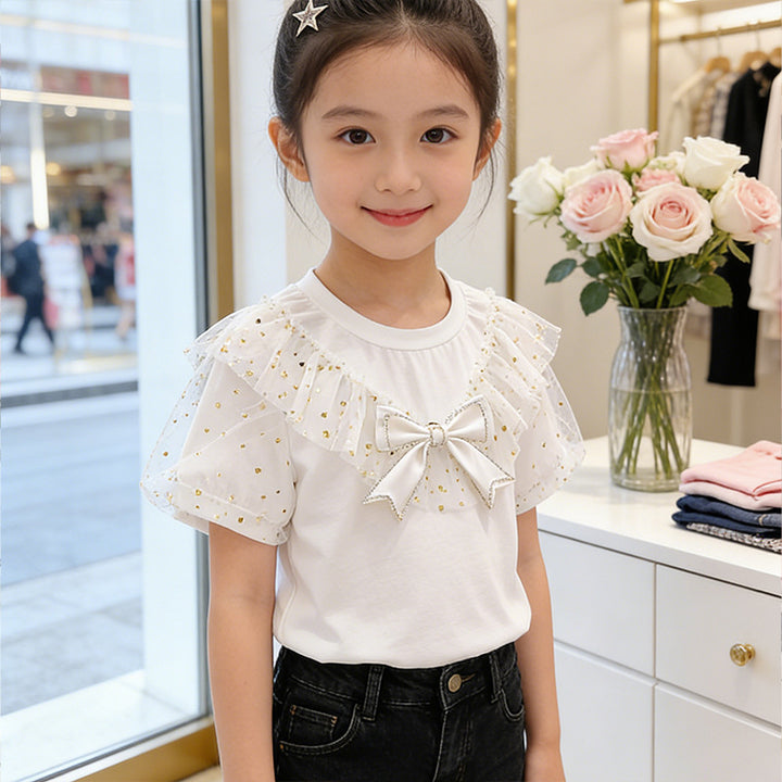 Girl T-shirt with ruffle details and transparent puff sleeves Mune Fashion