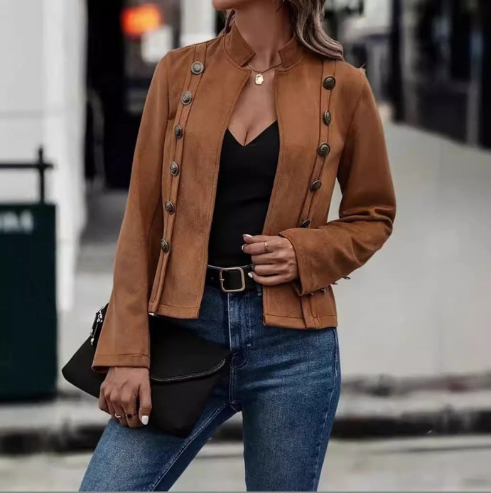 Women's fitted military short jacket with stand-up collar and decorative double button placket Mune Fashion
