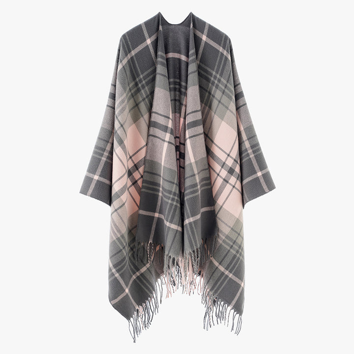 Women's Pure Wool Look Throw in Tartan Check with Open Front and Fringed Hem Mune Fashion