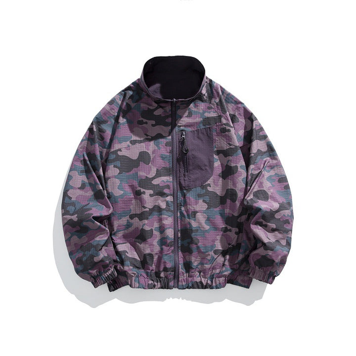 Unisex Lightweight Camo Windbreaker with High Stand Collar, Chest Zip and Elastic Hem Mune Fashion