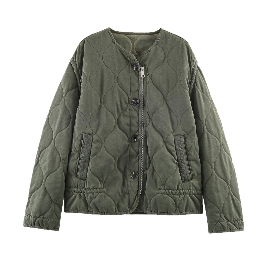 Women's short quilted jacket with round neck, two-way zipper and button placket Mune Fashion